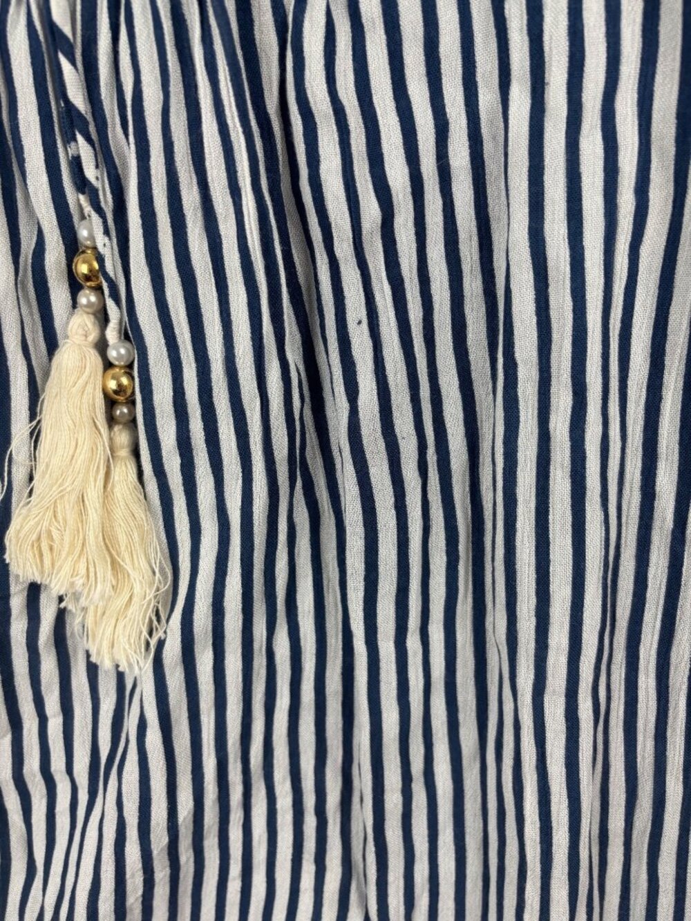 ✨3/$30 Velzera L Blue White Striped & Polka Dot Tunic Dress Boho Tassel - Picture 2 of 5